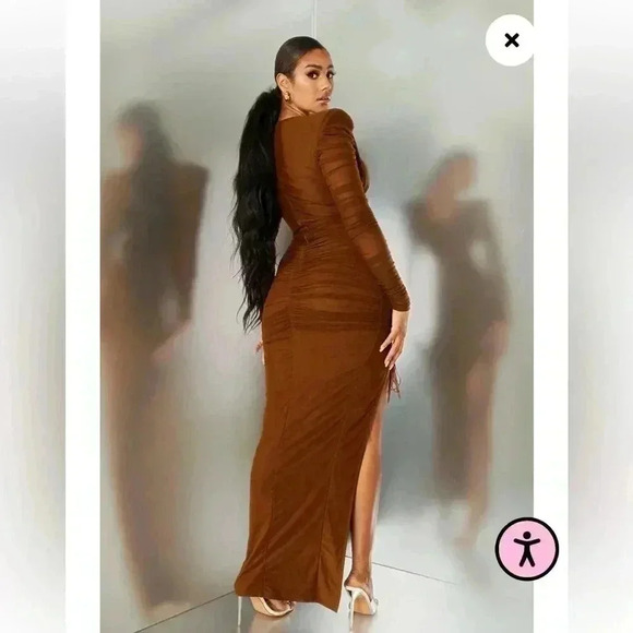 PrettyLittleThing Chocolate Underwire Detail Ruched Mesh Maxi Dress Size 4 - Picture 2 of 9